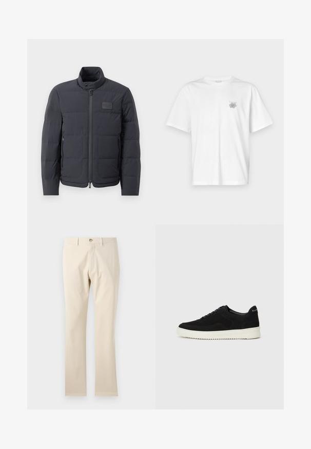 Schwarze Daunenjacke mit hohem Kragen, gestepptem Muster und einem Reißverschluss vorne. Verfügt über ein kleines Logopatch auf der linken Brust und seitliche Taschen.; Weißes T-Shirt aus Baumwolle mit kurzen Ärmeln, Rundhalsausschnitt und kleinem grauen Logo auf der linken Brustseite. Glatte Textur.; Beige Baumwollhose, mit geradem Bein, ausgestattet mit einem Knopfverschluss und Gürtelschlaufen, glatte Textur und ohne sichtbare Muster oder Akzente.; Schwarze Wildleder-Sneaker mit Schnürdesign und kontrastierender weißer Gummisohle. Verfügt über strukturierte Seitenpaneele und dezentes Branding an der Ferse.