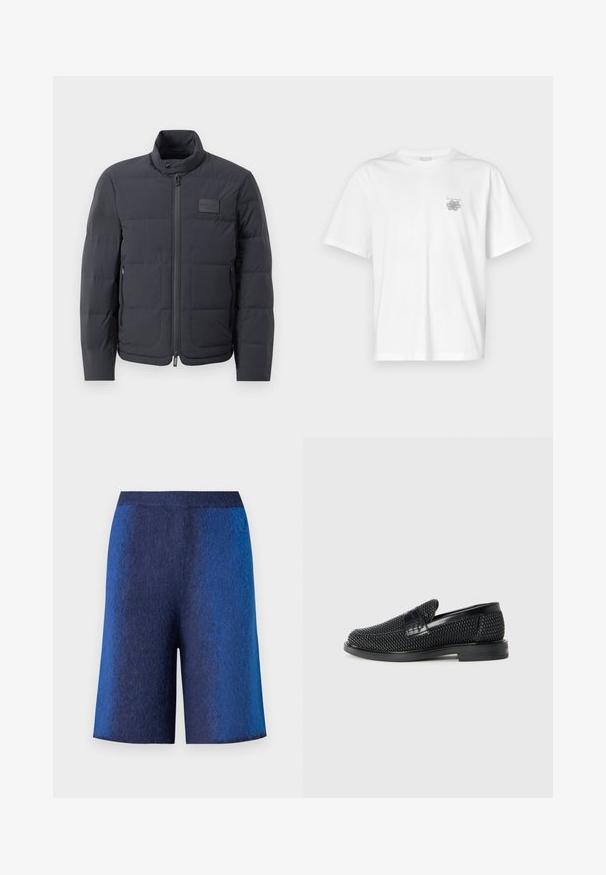 Black puffer jacket with a high collar, quilted texture, and a front zipper. Features a small logo patch on the left chest and side pockets.; White t-shirt made of cotton featuring short sleeves, a crew neck, and a small gray logo on the left chest area. Smooth texture.; Navy blue shorts with a textured finish, featuring a straight cut and a seamless waistband, designed for comfort and a casual look.; Black woven slip-on shoe with a smooth leather accent on the upper, a round toe design, and a low-profile rubber sole.