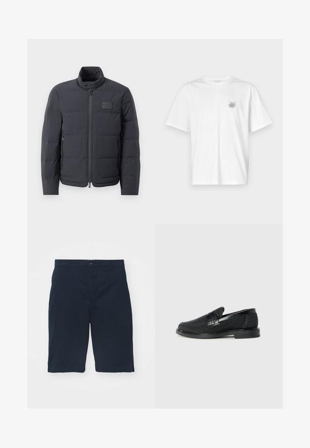 Schwarze Daunenjacke mit hohem Kragen, gestepptem Muster und einem Reißverschluss vorne. Verfügt über ein kleines Logopatch auf der linken Brust und seitliche Taschen.; Weißes T-Shirt aus Baumwolle mit kurzen Ärmeln, Rundhalsausschnitt und kleinem grauen Logo auf der linken Brustseite. Glatte Textur.; Navyblaue Shorts aus Baumwolle mit flachem Bund, Knopfverschluss und Seitentaschen. Knielang mit glatter Textur und sauberen Nähten.; Schwarzer geflochtener Slipper mit einem glatten Lederakzent im Obermaterial, einem runden Zehendesign und einer flachen Gummisohle.