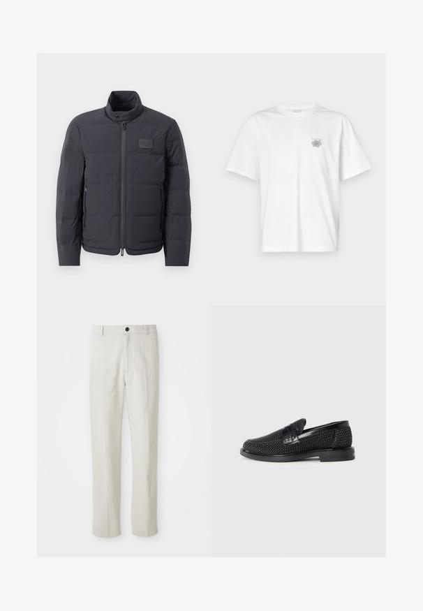 Schwarze Daunenjacke mit hohem Kragen, gestepptem Muster und einem Reißverschluss vorne. Verfügt über ein kleines Logopatch auf der linken Brust und seitliche Taschen.; Weißes T-Shirt aus Baumwolle mit kurzen Ärmeln, Rundhalsausschnitt und kleinem grauen Logo auf der linken Brustseite. Glatte Textur.; Beige gerade geschnittene Hose mit Gürtelschlaufen, vorderem Knopf und Reißverschluss, flach auf einem weißen Hintergrund präsentiert.; Schwarzer geflochtener Slipper mit einem glatten Lederakzent im Obermaterial, einem runden Zehendesign und einer flachen Gummisohle.