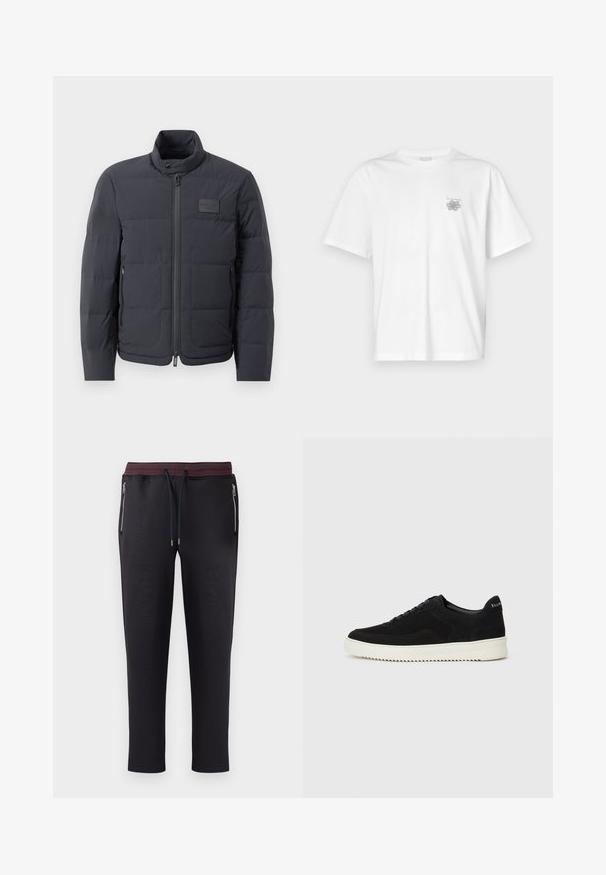 Fekete steppelt dzseki magas gallérral, steppelt textúrával és elülső cipzárral. Bal mellkason egy kis logófolt található, valamint oldalsó zsebek.; Fehér pamut póló rövid ujjakkal, kerek nyakkal, és egy kis szürke logóval a bal mellrészen. Sima tapintású.; Fekete joggingnadrág texturált derékrészsel burgundi és kék színben, oldalsó zipzáros zsebekkel és szűkítő lábformával. Puha anyagból készült.; Fekete velúr sportcipő fűzős dizájnnal és kontrasztos fehér gumitalppal. Jellemzői a textúrázott oldalpanelek és a diszkrét logó a sarokon.
