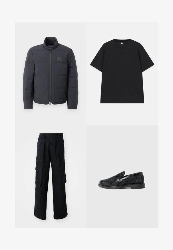 Black puffer jacket with a high collar, quilted texture, and a front zipper. Features a small logo patch on the left chest and side pockets.; Black short-sleeve t-shirt made of cotton, featuring a round neckline and a small logo detail near the hem. Smooth texture, regular fit.; Black wide-leg cargo pants with elastic waistband, button closure, large front and side flap pockets, displayed on white background.; Black woven slip-on shoe with a smooth leather accent on the upper, a round toe design, and a low-profile rubber sole.