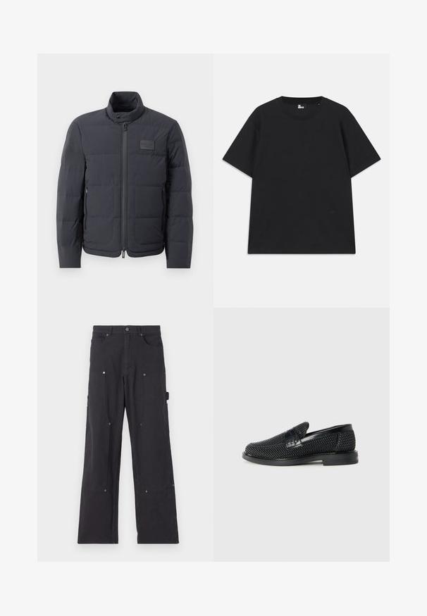 Jachetă puf neagră cu guler înalt, textură matlasată și fermoar frontal. Are un badge logo mic pe pieptul stâng și buzunare laterale.; Tricou negru cu mânecă scurtă, din bumbac, având un decolteu circular și un mic detaliu cu logo aproape de tiv. Textură netedă, croială normală.; Pantaloni cargo negri, realizați dintr-un material durabil, cu un design pe picior drept, având buzunare frontale, capse și buzunare laterale pentru unelte.; Pantofii negri din material textil, cu accent din piele netedă pe partea superioară, design cu vârf rotund și talpă din cauciuc de profil redus.