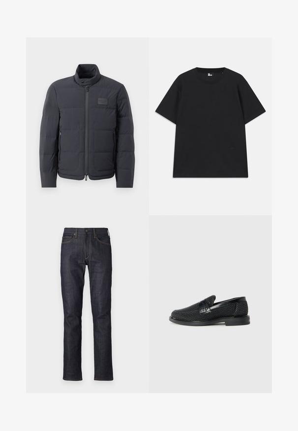 Svart puffjacka med hög krage, quiltad textur och dragkedja framtill. Har en liten logotipp på vänster bröst och sidfickor.; Svart kortärmad t-shirt i bomull, med rund halsringning och en liten logodetalj nära fållen. Slät textur, normal passform.; rag & bone FIT AUTHENTIC STRETCH - Jeans slim fit - mottled dark blue; Svart vävd slip-on sko med en slät läderdetalj på ovansidan, med rund tådesign och en låg gummisula.