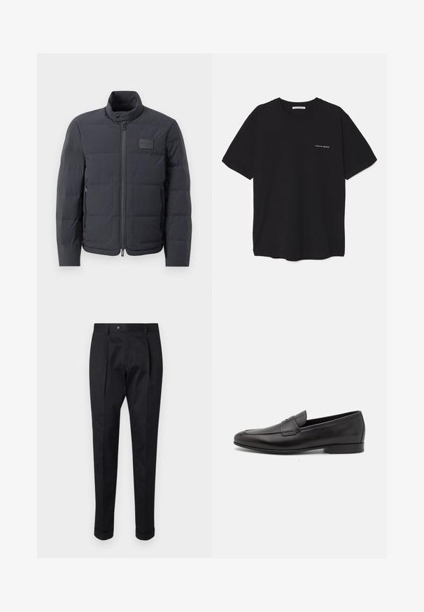 Schwarze Daunenjacke mit hohem Kragen, gestepptem Muster und einem Reißverschluss vorne. Verfügt über ein kleines Logopatch auf der linken Brust und seitliche Taschen.; Schwarzes Baumwoll-T-Shirt mit Rundhalsausschnitt, kurzen Ärmeln und weißem Logodruck auf der linken Brust. Einfaches, einfarbiges Design.; Schwarze Hosen aus einem glatten Stoff, mit einem Faltenwurf vorne, einem Knopfverschluss und umgeschlagenen Säumen am Knöchel.; Schwarze Leder-Herrenloafer mit niedrigem Absatz und klassischem Penny-Riemen-Design, seitlich auf einem weißen Hintergrund dargestellt.