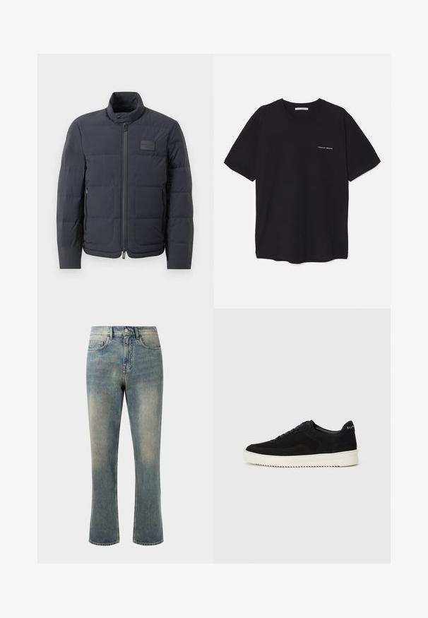 Černá péřová bunda s vysokým límcem, prošívanou strukturou a předním zipem. Obsahuje malé logo na levé straně hrudi a boční kapsy.; Černé bavlněné tričko s kulatým výstřihem, krátkými rukávy a bílým logem potisknutým na levé straně hrudi. Jednoduchý, jednobarevný design.; Svetle modré džíny z denimu se rovnými nohavicemi, středním pasem a jemným vyblednutím. Obsahují klasický styl kapes a kontrastní švy.; Černé semišové tenisky s krajkovým designem a kontrastní bílou gumovou podrážkou. Obsahují texturované boční panely a jemné branding na patě.