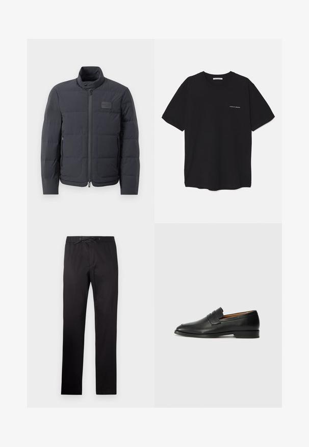 Black puffer jacket with a high collar, quilted texture, and a front zipper. Features a small logo patch on the left chest and side pockets.; Black cotton T-shirt with a crew neck, short sleeves, and a white logo print on the left chest. Simple, solid color design.; Black trousers with an elastic waistband and drawstring. Features a smooth texture and straight-leg design. Minimalist style without patterns.; Black leather loafer with a rounded toe, subtle stitched detailing, and a low heel, featuring a smooth texture and minimalist design.