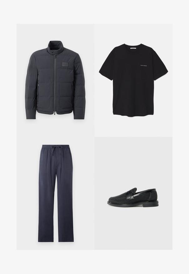 Black puffer jacket with a high collar, quilted texture, and a front zipper. Features a small logo patch on the left chest and side pockets.; Black cotton T-shirt with a crew neck, short sleeves, and a white logo print on the left chest. Simple, solid color design.; Navy blue, loose-fitting pants made of soft fabric with an elastic waistband and adjustable drawstring. Straight-cut legs, no pockets.; Black woven slip-on shoe with a smooth leather accent on the upper, a round toe design, and a low-profile rubber sole.