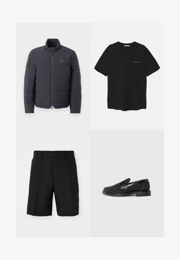 Black puffer jacket with a high collar, quilted texture, and a front zipper. Features a small logo patch on the left chest and side pockets.; Black cotton T-shirt with a crew neck, short sleeves, and a white logo print on the left chest. Simple, solid color design.; Black linen shorts with a relaxed fit, featuring a flat front, pockets on the sides, and a mid-length cut. Lightweight texture visible.; Black woven slip-on shoe with a smooth leather accent on the upper, a round toe design, and a low-profile rubber sole.