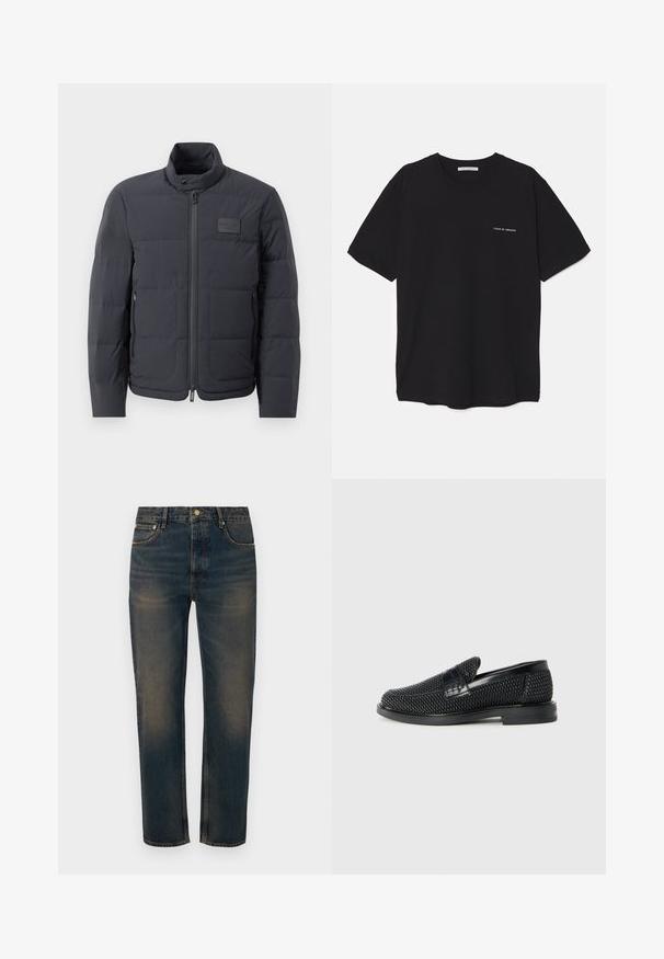 Chaqueta acolchada negra con cuello alto, textura acolchada y cierre frontal. Presenta un pequeño parche con logo en el pecho izquierdo y bolsillos laterales.; Camiseta de algodón negra con cuello redondo, mangas cortas y un estampado de logo blanco en el lado izquierdo del pecho. Diseño simple y de color sólido.; Jeans de mezclilla azul oscuro con corte recto, diseño de cinco bolsillos, cierre de botón y detalles de desvanecimiento ligero para textura.; Zapato negro de tejido con un acento de cuero suave en la parte superior, diseño de punta redonda y suela de goma de perfil bajo.