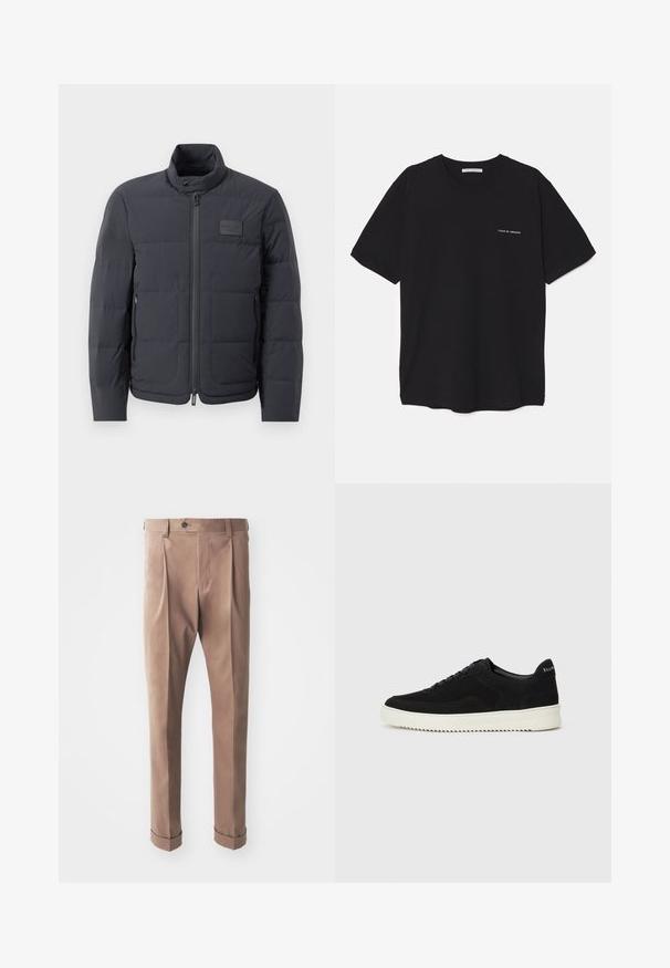 Črna napihnjena jakna z visokim ovratnikom, prešito teksturo in sprednjim zadrgo. Ima majhno logo nalepko na levem prsnem delu in stranske žepe.; Črna bombažna majica s kratkimi rokavi in okroglim ovratnikom, z belim logotipom natisnjenim na levi prsni strani. Preprost, enobarven dizajn.; Khačnaste hlače iz teksturirane tkanine, z visokim pasom, naborki in zavitki na robovih, ter z enim gumbom za zapiranje v predelu pasu.; Črni semiš teniški copati z vezalkami in kontrastnim belim gumijastim podplatom. Imajo teksturirane stranske panele in subtilno oznako na peti.