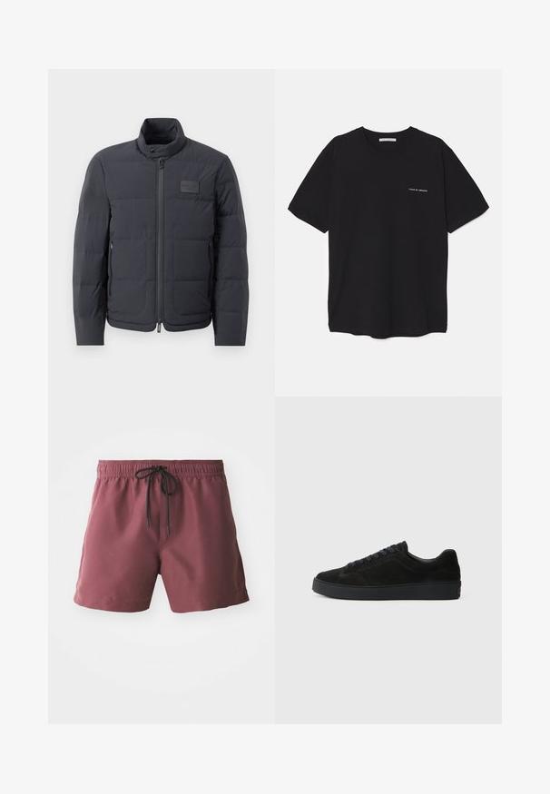 Black puffer jacket with a high collar, quilted texture, and a front zipper. Features a small logo patch on the left chest and side pockets.; Black cotton T-shirt with a crew neck, short sleeves, and a white logo print on the left chest. Simple, solid color design.; Burgundy swim shorts with an elastic waistband and black drawstring. Features side pockets and a smooth, lightweight fabric.; Black suede sneaker with a flat, textured sole, rounded toe, six eyelets for laces, and a minimalist design.