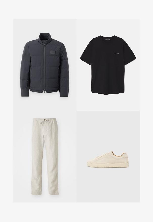 Jachetă puf neagră cu guler înalt, textură matlasată și fermoar frontal. Are un badge logo mic pe pieptul stâng și buzunare laterale.; Tricou din bumbac negru, cu guler rotund, mâneci scurte și un imprimeu alb cu logo pe partea stângă a pieptului. Design simplu, de culoare uniformă.; Pantaloni din in bej deschis, cu un design drept, talie elastică, șnur ajustabil și fără modele sau accesorii vizibile.; Pantofii sport din suede bej au un design cu vârful jos, vârf rotund, șireturi plate și o talpă din cauciuc texturată. Stil minimalist fără logo-uri vizibile.