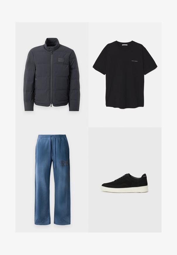 Casaco puffer preto com gola alta, textura acolchoada e fecho éclair frontal. Apresenta um pequeno emblema no lado esquerdo do peito e bolsos laterais.; T-shirt preta de algodão com gola redonda, mangas curtas e impressão de logó tipo branca no lado esquerdo do peito. Design simples, de cor sólida.; Calças largas em veludo azul, com cintura elástica, cordão, bolsos laterais e logótipo bordado na coxa direita.; Sapatilhas de camurça pretas com design de atacadores e sola de borracha branca em contraste. Apresenta painéis laterais texturizados e uma marcação discreta no calcanhar.