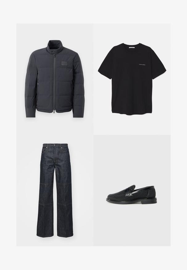 Čierna puffová bunda s vysokým golierom, prešívanou textúrou a predným zipsom. Obsahuje malú nášivku loga na ľavej hrudi a bočné vrecká.; Čierne bavlnené tričko s okrúhlym výstrihom, krátkymi rukávmi a bielou potlačou loga na ľavej hrudi. Jednoduchý, jednoliaty dizajn.; Helmut Lang CARPENTER - Džínsy voľného strihu - raw indigo; Čierne tkané slip-on topánky s hladkým koženým akcentom na vrchnej časti, s okrúlym dizajnom špičky a nízkoprofilovou gumovou podrážkou.