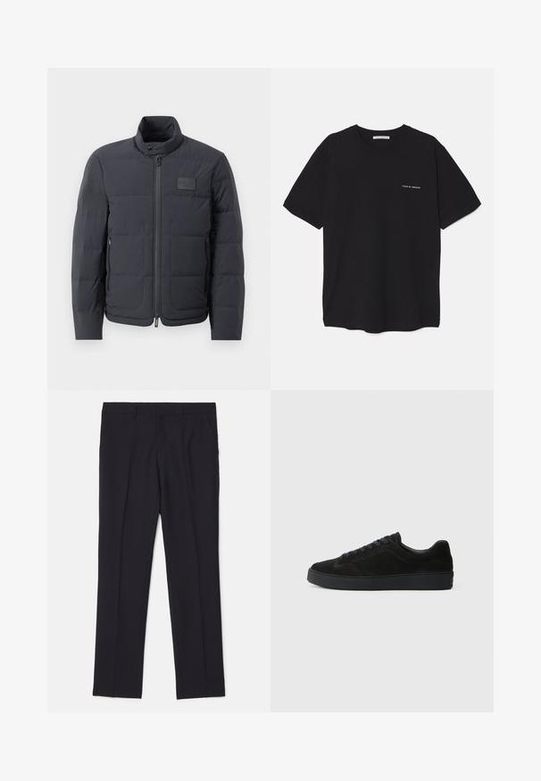 Must musternakk, millel on kõrge kaelus, tikkimise tekstuur ja esi tõmblukk. Iseloomustab väike logopatch vasakul rinnal ja küljetaskud.; Must musta T-särk, ümar kaelus, lühikesed varrukad ja valge logo trükk vasakul rinnal. Lihtne, ühtlane värvitoon.; Mustad kohandatud püksid, mis on valmistatud sileda kangaga, tähistatud kahe küljetaskuga, sirge jala kujundusega ning ilma nähtavate mustrite või aktsentideta.; Must have musta tennisjalats madala, tekstuuriga talla, ümara varbaga, kuue silmaga paelte jaoks ja minimalistlik disain.