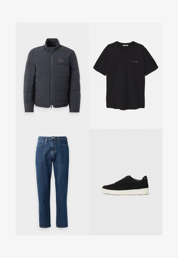 Must musternakk, millel on kõrge kaelus, tikkimise tekstuur ja esi tõmblukk. Iseloomustab väike logopatch vasakul rinnal ja küljetaskud.; Must musta T-särk, ümar kaelus, lühikesed varrukad ja valge logo trükk vasakul rinnal. Lihtne, ühtlane värvitoon.; Tumed sinise denimiga teksad sirge säärega, nähtava õmblusega, viie taskuga disain ja nööbiga sulgur vööl.; Mustad suede jooksujalatsid, millel on paelad ja kontrastne valge kummitald. Omab tekstuuriga külgpaneele ja tagasihoidlikku brändimist kandadel.