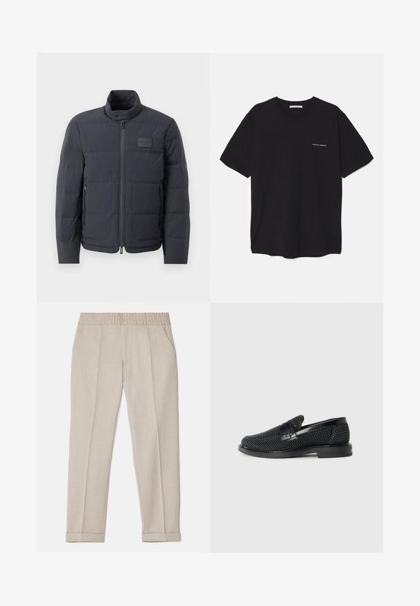 Zwarte pufferjack met een hoge kraag, gewatteerde textuur en een rits aan de voorkant. Beschikt over een klein logo-opdruk op de linkerborst en zijzakken.; Zwarte katoenen T-shirt met een ronde hals, korte mouwen en een witte logo-print op de linkerkant van de borst. Eenvoudig, effen kleur ontwerp.; Filippa K TERRY CROPPED TROUSERS - Broek - sage melange; Zwartegeweven instap schoenen met een glad leren accent aan de bovenkant, een ronde neusontwerp en een laag profiel rubberen zool.