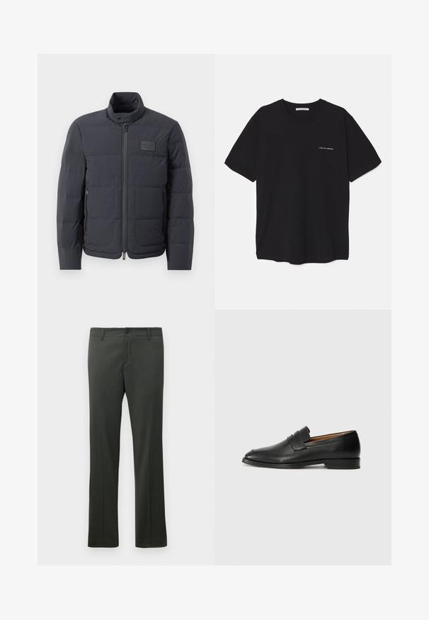 Crna puf jakna s visokim ovratnikom, kviltanom teksturom i prednjim zatvaračem. Ima mali logotip na lijevoj strani prsnog dijela i bočne džepove.; Crna pamučna majica s okruglim izrezom, kratkim rukavima i bijelim logotipom otisnutim na lijevoj strani prsnog koša. Jednostavan dizajn u jednoj boji.; Tamnozelene formalne hlače s petljama za remen, prednjim zatvaranjem na dugme i ravnim krojem.; Crni kožni loafer s okruglim vrhom, suptilnim šavovima i niskim petama, s glatkom teksturom i minimalističkim dizajnom.