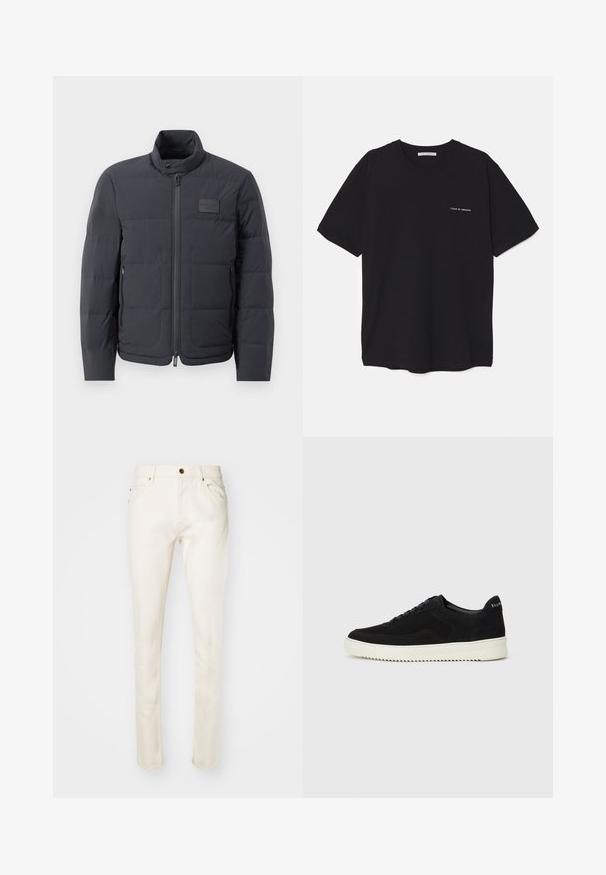 Černá péřová bunda s vysokým límcem, prošívanou strukturou a předním zipem. Obsahuje malé logo na levé straně hrudi a boční kapsy.; Černé bavlněné tričko s kulatým výstřihem, krátkými rukávy a bílým logem potisknutým na levé straně hrudi. Jednoduchý, jednobarevný design.; Béžové bavlněné džíny s úzkým střihem, s předním knoflíkem, pěti kapsami a jemnými švy. Hladká textura a zúžené nohavice.; Černé semišové tenisky s krajkovým designem a kontrastní bílou gumovou podrážkou. Obsahují texturované boční panely a jemné branding na patě.