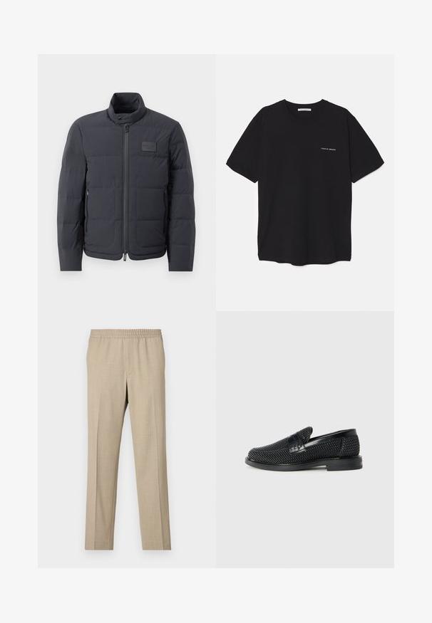 Black puffer jacket with a high collar, quilted texture, and a front zipper. Features a small logo patch on the left chest and side pockets.; Black cotton T-shirt with a crew neck, short sleeves, and a white logo print on the left chest. Simple, solid color design.; Filippa K THEO - Trousers - sage melange; Black woven slip-on shoe with a smooth leather accent on the upper, a round toe design, and a low-profile rubber sole.