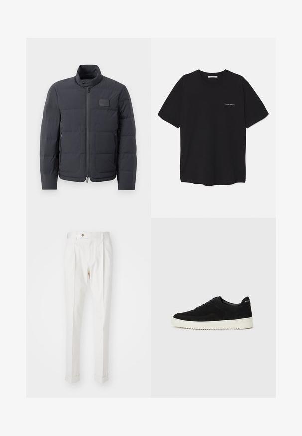 Casaco puffer preto com gola alta, textura acolchoada e fecho éclair frontal. Apresenta um pequeno emblema no lado esquerdo do peito e bolsos laterais.; T-shirt preta de algodão com gola redonda, mangas curtas e impressão de logó tipo branca no lado esquerdo do peito. Design simples, de cor sólida.; Calças brancas, ajustadas, com frente lisa, duas pregas e bainhas viradas. Feitas de um tecido suave com fecho de botão na cintura.; Sapatilhas de camurça pretas com design de atacadores e sola de borracha branca em contraste. Apresenta painéis laterais texturizados e uma marcação discreta no calcanhar.