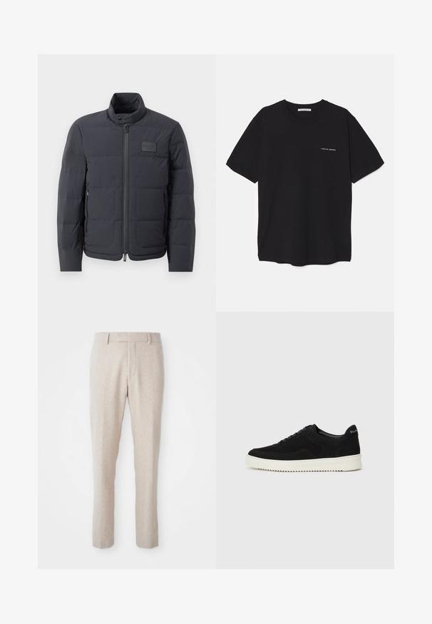 Černá péřová bunda s vysokým límcem, prošívanou strukturou a předním zipem. Obsahuje malé logo na levé straně hrudi a boční kapsy.; Černé bavlněné tričko s kulatým výstřihem, krátkými rukávy a bílým logem potisknutým na levé straně hrudi. Jednoduchý, jednobarevný design.; Beige tkané kalhoty s rovný fit, s plochým předním dílem, poutky na pásek a bez viditelných vzorů či kovových detailů.; Černé semišové tenisky s krajkovým designem a kontrastní bílou gumovou podrážkou. Obsahují texturované boční panely a jemné branding na patě.