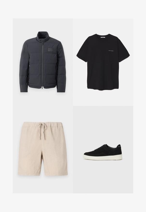 Fekete steppelt dzseki magas gallérral, steppelt textúrával és elülső cipzárral. Bal mellkason egy kis logófolt található, valamint oldalsó zsebek.; Fekete pamut T-shirt kerek nyakkivágással, rövid ujjakkal, és fehér logónyomattal a bal mellrészen. Egyszerű, egyszínű dizájn.; 120% Lino MEN BERMUDA - Rövidnadrágok - sand; Fekete velúr sportcipő fűzős dizájnnal és kontrasztos fehér gumitalppal. Jellemzői a textúrázott oldalpanelek és a diszkrét logó a sarokon.