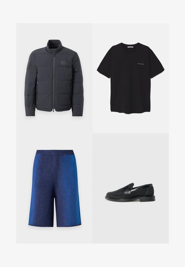 Melna pūkaina jaka ar augstu apkakli, quiltota tekstūra un priekšējo rāvējslēdzēju. Iekļauj mazu logotipa plāksteri kreisajā krūtī un sānu kabatas.; Melnas kokvilnas T-krekls ar apaļu kaklu, īsām piedurknēm un baltu logotipa uzdruku kreisajā krūtī. Vienkāršs, vienkrāsains dizains.; Tumdra zila šorti ar teksturētu apdari, ar taisnu griezumu un bezšuvju jostu, paredzēti komfortam un ikdienišķam izskatam.; Melnas austas slaidu kurpes ar gludu ādas akcentu augšpusē, apaļas formas purngalu un zemas profila gumijas zoli.