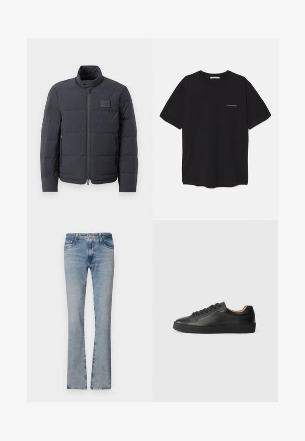 Čierna puffová bunda s vysokým golierom, prešívanou textúrou a predným zipsom. Obsahuje malú nášivku loga na ľavej hrudi a bočné vrecká.; Čierne bavlnené tričko s okrúhlym výstrihom, krátkymi rukávmi a bielou potlačou loga na ľavej hrudi. Jednoduchý, jednoliaty dizajn.; Svetlomodré rifľové zvonové nohavice s stredne vysokým pásom, piatimi vreckami a vyblednutým vzhľadom, so zipsovým zapínaním a kovovým gombíkom.; Čierne nízke kožené tenisky s textúrovaným povrchom, čiernymi šnúrkami a hrubou gumenou podrážkou, zobrazené z boku na svetlom pozadí.
