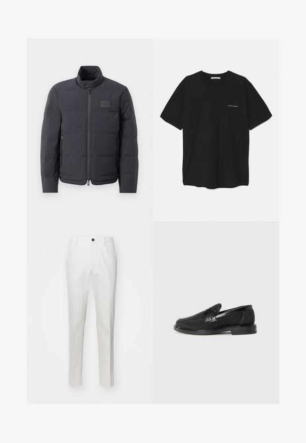 Melna pūkaina jaka ar augstu apkakli, quiltota tekstūra un priekšējo rāvējslēdzēju. Iekļauj mazu logotipa plāksteri kreisajā krūtī un sānu kabatas.; Melnas kokvilnas T-krekls ar apaļu kaklu, īsām piedurknēm un baltu logotipa uzdruku kreisajā krūtī. Vienkāršs, vienkrāsains dizains.; Baltas bikses, izgatavotas no gludas auduma, ar taisno kāju griezumu, ar vienu melnu pogu jostasvietā un sānu kabatām.; Melnas austas slaidu kurpes ar gludu ādas akcentu augšpusē, apaļas formas purngalu un zemas profila gumijas zoli.