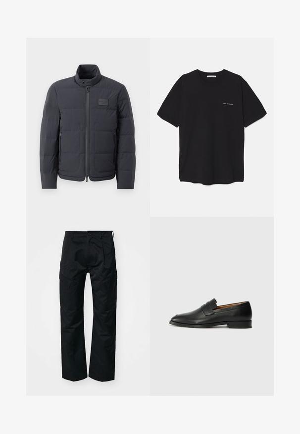 Black puffer jacket with a high collar, quilted texture, and a front zipper. Features a small logo patch on the left chest and side pockets.; Black cotton T-shirt with a crew neck, short sleeves, and a white logo print on the left chest. Simple, solid color design.; Black cargo pants with a smooth texture, featuring side pockets, a button closure, and a relaxed fit design.; Black leather loafer with a rounded toe, subtle stitched detailing, and a low heel, featuring a smooth texture and minimalist design.