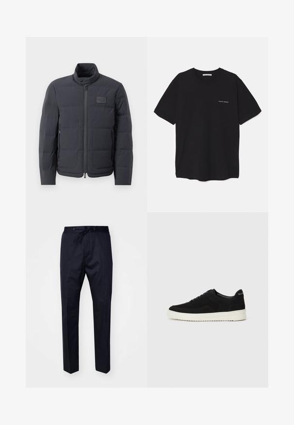 Zwarte pufferjack met een hoge kraag, gewatteerde textuur en een rits aan de voorkant. Beschikt over een klein logo-opdruk op de linkerborst en zijzakken.; Zwarte katoenen T-shirt met een ronde hals, korte mouwen en een witte logo-print op de linkerkant van de borst. Eenvoudig, effen kleur ontwerp.; Marineblauwe, lichtgewicht broek met een elastische tailleband, verstelbare trekkoord en rechte benen. Gladde textuur, geen zichtbare patronen of accenten.; Zwarte suède sneakers met vetersluiting en contrasterende witte rubberen zool. Voorzien van textuurpanelen aan de zijkanten en subtiele branding op de hiel.