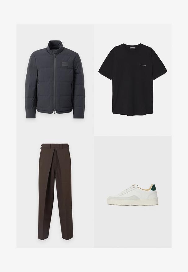 Zwarte pufferjack met een hoge kraag, gewatteerde textuur en een rits aan de voorkant. Beschikt over een klein logo-opdruk op de linkerborst en zijzakken.; Zwarte katoenen T-shirt met een ronde hals, korte mouwen en een witte logo-print op de linkerkant van de borst. Eenvoudig, effen kleur ontwerp.; BLUEMARBLE WORK PANT - Broek - brown; Witte sneaker met suède accenten, ronde neus, platte veters en een crème rubberen zool. Bevat groene branding op de hiel.