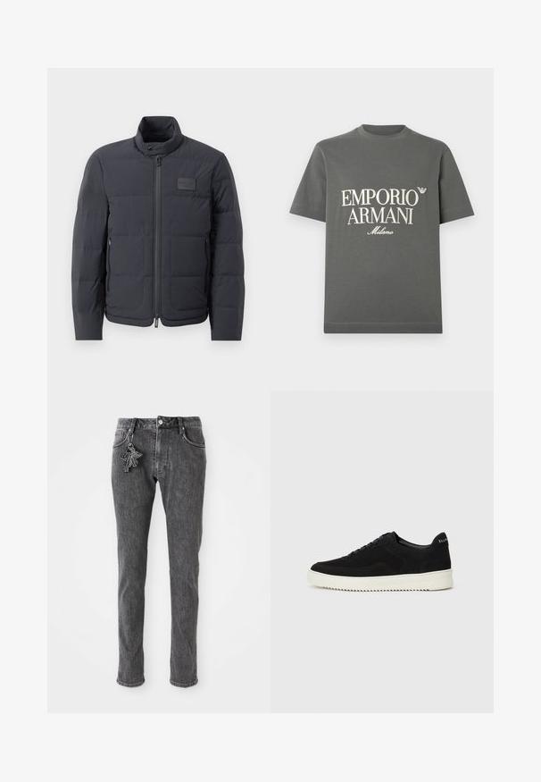 Casaco puffer preto com gola alta, textura acolchoada e fecho éclair frontal. Apresenta um pequeno emblema no lado esquerdo do peito e bolsos laterais.; T-shirt cinzenta de algodão com mangas curtas e gola redonda, apresenta texto em bloco branco e um logótipo no peito. Textura suave, design simples.; Calças de ganga pretas com um corte slim, apresentando um fecho frontal com botão, cinco bolsos e um pequeno detalhe de ginjenta na pocket esquerda.; Sapatilhas de camurça pretas com design de atacadores e sola de borracha branca em contraste. Apresenta painéis laterais texturizados e uma marcação discreta no calcanhar.