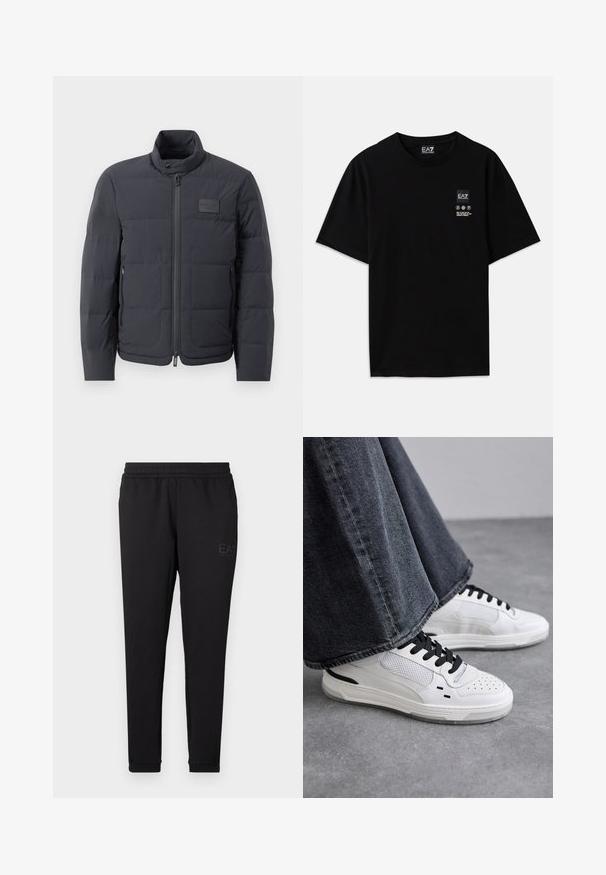 Black puffer jacket with a high collar, quilted texture, and a front zipper. Features a small logo patch on the left chest and side pockets.; Black cotton t-shirt with short sleeves, a crew neck, and a small logo tag on the front featuring care symbols in white.; Black sweatpants made of soft fabric, featuring an elastic waistband, fitted cuffs, and a small logo printed on the side.; White sneakers with black laces and mesh detailing. Features a smooth leather upper and a textured rubber sole. Paired with wide-leg grey jeans.