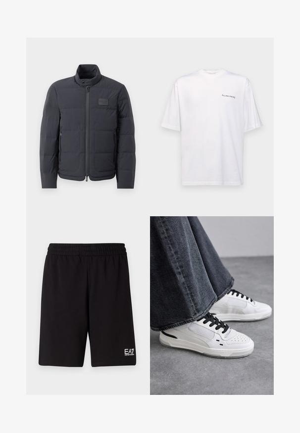 Fekete steppelt dzseki magas gallérral, steppelt textúrával és elülső cipzárral. Bal mellkason egy kis logófolt található, valamint oldalsó zsebek.; Fehér, rövid ujjú pamut póló, V nyakkal, bal oldalon fekete "FILLING PIECES" logóval.; Fekete sportos rövidnadrág, puha anyagból készült, rugalmas derékkal és egy kis fehér logóval a jobb alsó sarokban.; Fehér sportcipő fekete füzőkkel és hálós részletekkel. Simas bőr felsőrésze van, valamint egy textúrált gumitalppal rendelkezik. Széles lábszárú szürke farmernadrággal párosítva.