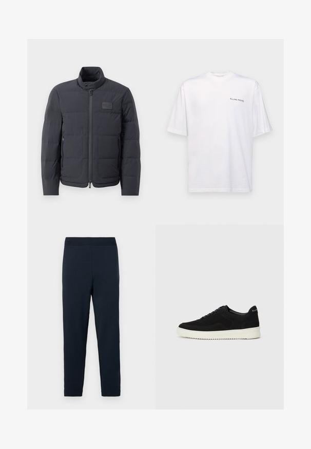 Fekete steppelt dzseki magas gallérral, steppelt textúrával és elülső cipzárral. Bal mellkason egy kis logófolt található, valamint oldalsó zsebek.; Fehér, rövid ujjú pamut póló, V nyakkal, bal oldalon fekete "FILLING PIECES" logóval.; Sötétkék, puha pamut keverékből készült melegítőnadrág, rugalmas derékkal, szűkülő lábakkal és látható minták vagy díszítés nélkül.; Fekete velúr sportcipő fűzős dizájnnal és kontrasztos fehér gumitalppal. Jellemzői a textúrázott oldalpanelek és a diszkrét logó a sarokon.