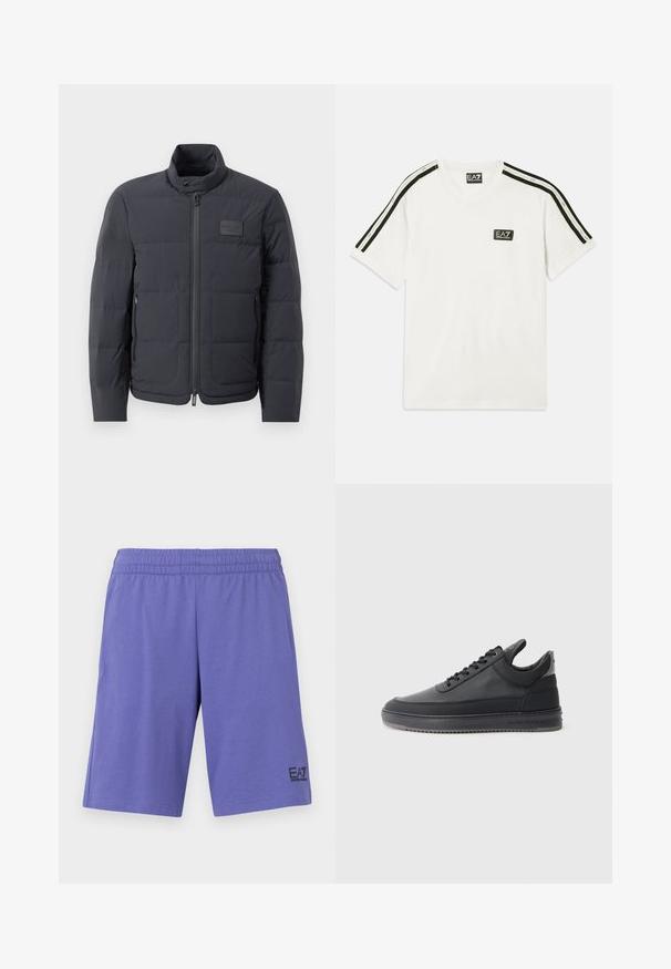 Melna pūkaina jaka ar augstu apkakli, quiltota tekstūra un priekšējo rāvējslēdzēju. Iekļauj mazu logotipa plāksteri kreisajā krūtī un sānu kabatas.; Balta kokvilnas T-kreklu ar apaļu kakla izgriezumu, īsām piedurknēm, melnām akcentu svītrām uz pleciem un mazu EA7 logotipu uz krūts.; Violeta sporta šorti, kas izgatavoti no mīksta auduma, ar elastīgu jostu un melnu EA7 logos apakšējā kreisajā kājā.; Melnas ādas sporta kurpes ar teksturētu virsmu, ar saistēm, zema augstuma un pelēku gumijas zoli ar rievojumu malu.