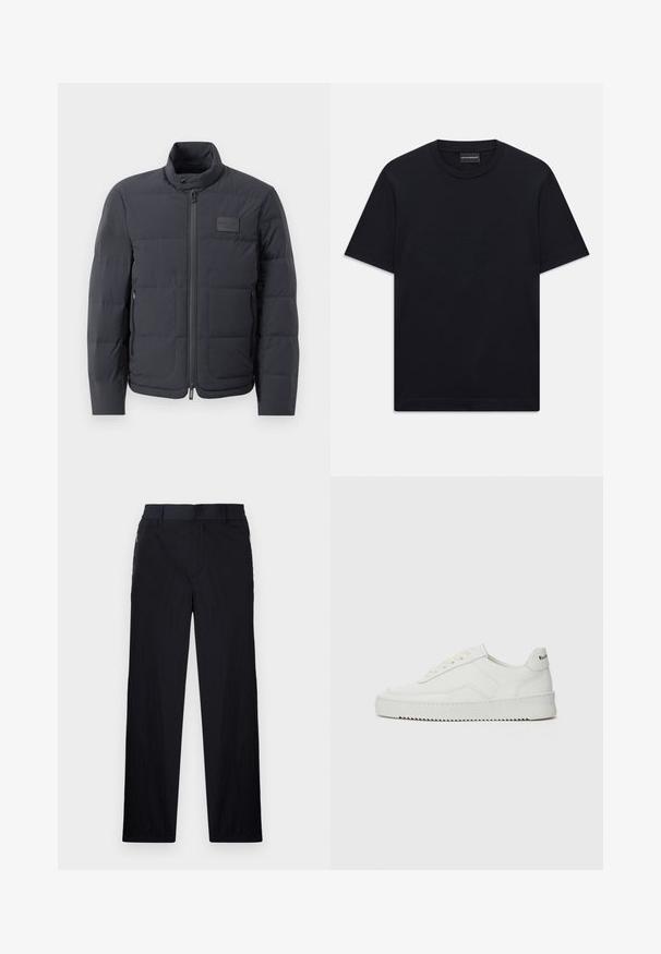 Crna puf jakna s visokim ovratnikom, kviltanom teksturom i prednjim zatvaračem. Ima mali logotip na lijevoj strani prsnog dijela i bočne džepove.; Crna majica kratkih rukava s okruglim izrezom, s blagim reljefnim logotipom smještenim u središtu prsnog dijela i oznakom branda unutar ovratnika.; Crne hlače od lagane, teksturirane tkanine, ravnog kroja, s elastičnom gumicom u struku i bočnim džepovima sa zatvaračem.; Bijele kožne tenisice s glatkom površinom, okruglim vrhom, ravnim vezicama i teksturiranom potplatom. Imaju suptilan logo na peti.