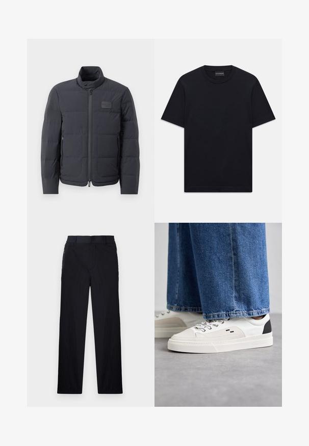 Fekete steppelt dzseki magas gallérral, steppelt textúrával és elülső cipzárral. Bal mellkason egy kis logófolt található, valamint oldalsó zsebek.; Fekete, rövid ujjú, kerek nyakú póló, amelyen a mellkason finoman domború logó található, valamint egy márkás címke a nyakában.; Fekete nadrág könnyű, textúrált anyagból, egyenes szárú kialakítással, rugalmas derékpánttal és oldalsó cipzáras zsebekkel.; Fehér és fekete sportcipők sima bőrből készült felsőrésszel, texturált díszítésekkel és vastag fehér talppal. Klasszikus fűzős kivitel jellemzi.