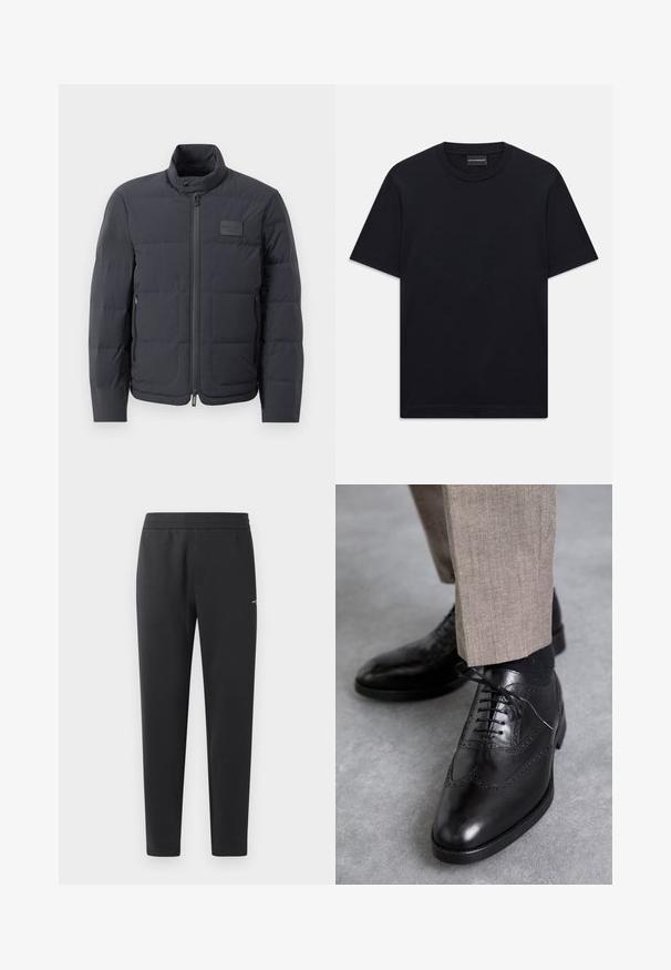 Melna pūkaina jaka ar augstu apkakli, quiltota tekstūra un priekšējo rāvējslēdzēju. Iekļauj mazu logotipa plāksteri kreisajā krūtī un sānu kabatas.; Melnas īsām piedurknēm T-krekls ar apaļu kakla izgriezumu, ar smalku iepresētu logotipa dizainu krūšu centrā un zīmola etiķeti apakšā kaklā.; Melni sporta bikses, kas izgatavotas no mīkstas auduma, ar elastīgu jostasvietu, taisnām kājām un nelielu logotipa detaļu sānos.; Melni ādas kurpju apavi ar brogu apdari, ar smailu purngalu, auklu aizdari un gludu tekstūru; saskaņoti ar gaiši brūniem biksēm.