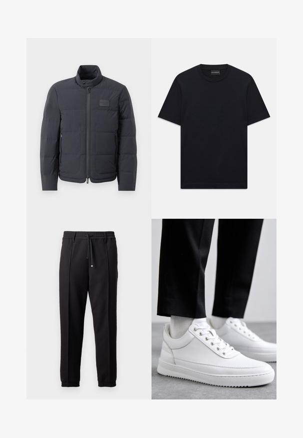 Juodas pūkuotas džemperis su aukštu kaklu, siuvinėta tekstūra ir priekiniais užtrauktukais. Yra mažas logotipo pleistras kairėje krūtinės pusėje ir šoniniai kišeniai.; Juoda trumpo rankovės marškinėliai su apvalia iškirpte, su subtiliu iškilniu logotipo dizainu viduryje krūtinės ir ženklu vidinėje apykaklės pusėje.; Juodos kelnės su juosmeniu, raišteliu ir elastingais rankogaliais. Yra raukšlės ir lygus, tekstūruotas audinys.; Baltos odinės sportbačiai su plokščiu guminiu padu, pasižymintys lygiu paviršiumi, apvalia nosimi ir metaliniais anga užrišimui. Dėvimi su juodomis kelnėmis.