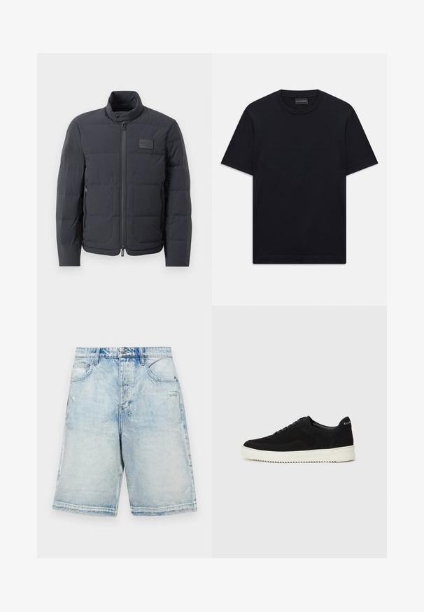 Black puffer jacket with a high collar, quilted texture, and a front zipper. Features a small logo patch on the left chest and side pockets.; Black short-sleeve crew neck T-shirt with subtle embossed logo design centered on the chest and a branded tag inside the collar.; Light blue denim shorts with a relaxed fit, featuring five pockets, a distressed design, and stitched accents.; Black suede sneaker with lace-up design and contrasting white rubber sole. Features textured side panels and subtle branding on the heel.