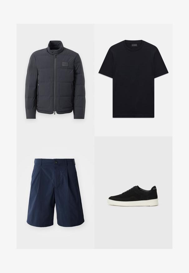 Fekete steppelt dzseki magas gallérral, steppelt textúrával és elülső cipzárral. Bal mellkason egy kis logófolt található, valamint oldalsó zsebek.; Fekete, rövid ujjú, kerek nyakú póló, amelyen a mellkason finoman domború logó található, valamint egy márkás címke a nyakában.; Sötétkék sort könnyű anyagból, gombos záródással, oldalsó zsebekkel és egyszerű, elöl ráncolt dizájnnal.; Fekete velúr sportcipő fűzős dizájnnal és kontrasztos fehér gumitalppal. Jellemzői a textúrázott oldalpanelek és a diszkrét logó a sarokon.