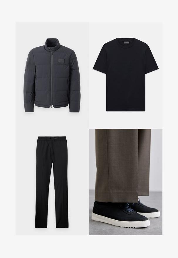 Must musternakk, millel on kõrge kaelus, tikkimise tekstuur ja esi tõmblukk. Iseloomustab väike logopatch vasakul rinnal ja küljetaskud.; Must ja lühikeste varrukatega T-särk ümaratest kaelusest, diskreetne reljeefne logo disain, mis on keskendatud rinnale, ja kaubamärgiga silt kaeluses.; Iceberg PANTALONI - Püksid - nero; Mustad suleed sneakers valge kummist tallaga, ümarate varvaste ja paeltega, kantud hallide ülikonna pükste kõrval.