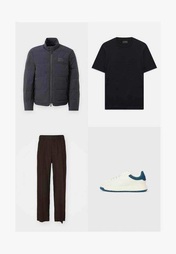 Black puffer jacket with a high collar, quilted texture, and a front zipper. Features a small logo patch on the left chest and side pockets.; Black short-sleeve crew neck T-shirt with subtle embossed logo design centered on the chest and a branded tag inside the collar.; Brown, wide-leg trousers in a textured fabric featuring a high waist and front pleats. Straight-cut legs with clean, finished hems.; White sneaker with a smooth finish, blue textured accents around the collar, and a thick sole. Features round laces and a low-top design.