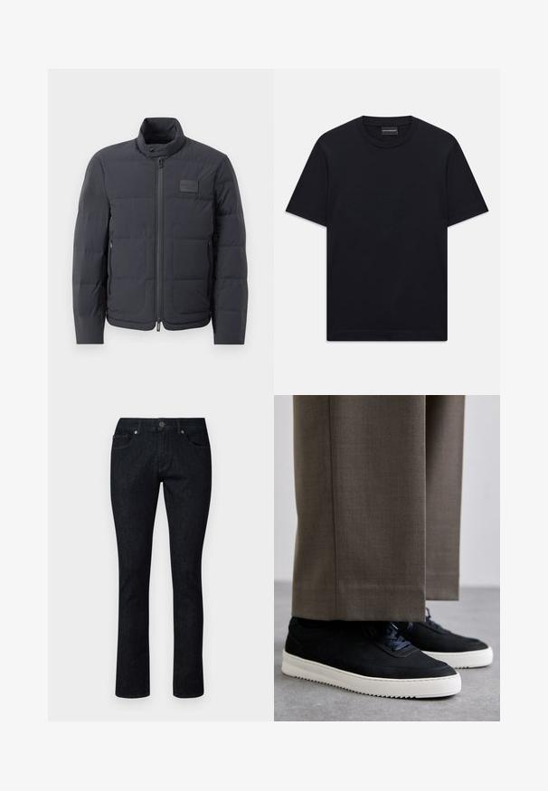 Črna napihnjena jakna z visokim ovratnikom, prešito teksturo in sprednjim zadrgo. Ima majhno logo nalepko na levem prsnem delu in stranske žepe.; Črna kratka majica s kratkimi rokavi z okroglim izrezom, z diskretno embosirano logotipno zasnovo, ki je osredotočena na prsih, ter oznako blagovne znamke znotraj ovratnika.; Temno modri kavbojki s ravnim krojem, ki vključujejo sprednje žepke, gumbno zapiranje in kontrastno šivanje. Brez vidnih vzorcev ali obrabe.; Črne nubuk teniske z belimi gumijastimi podplati, ki imajo zaobljen nos in vezalke, oblečene z sivimi krojenimi hlačami.