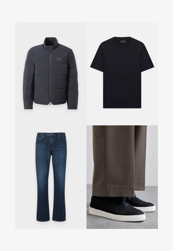 Juodas pūkuotas džemperis su aukštu kaklu, siuvinėta tekstūra ir priekiniais užtrauktukais. Yra mažas logotipo pleistras kairėje krūtinės pusėje ir šoniniai kišeniai.; Juoda trumpo rankovės marškinėliai su apvalia iškirpte, su subtiliu iškilniu logotipo dizainu viduryje krūtinės ir ženklu vidinėje apykaklės pusėje.; Tamsiai mėlyni džinsai su tiesia kojų šukuosena, penkiomis kišenėmis ir metaliniu užsegimu. Lygus paviršius su nežymiais blukimo ženklais.; Juodi zomšiniai sportbačiai su baltais guminiais padais, su apvalia nosimi ir raišteliais, dėvimi su pilkais pritaikytais kelnais.