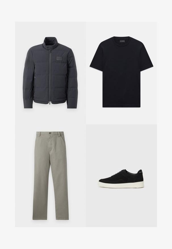 Must musternakk, millel on kõrge kaelus, tikkimise tekstuur ja esi tõmblukk. Iseloomustab väike logopatch vasakul rinnal ja küljetaskud.; Must ja lühikeste varrukatega T-särk ümaratest kaelusest, diskreetne reljeefne logo disain, mis on keskendatud rinnale, ja kaubamärgiga silt kaeluses.; Heledad hallhüpped, mis on valmistatud puuvillast, sirge jala disainiga, vöörihmadega ja ühe nupu sulgemisega vöökoha juures.; Mustad suede jooksujalatsid, millel on paelad ja kontrastne valge kummitald. Omab tekstuuriga külgpaneele ja tagasihoidlikku brändimist kandadel.